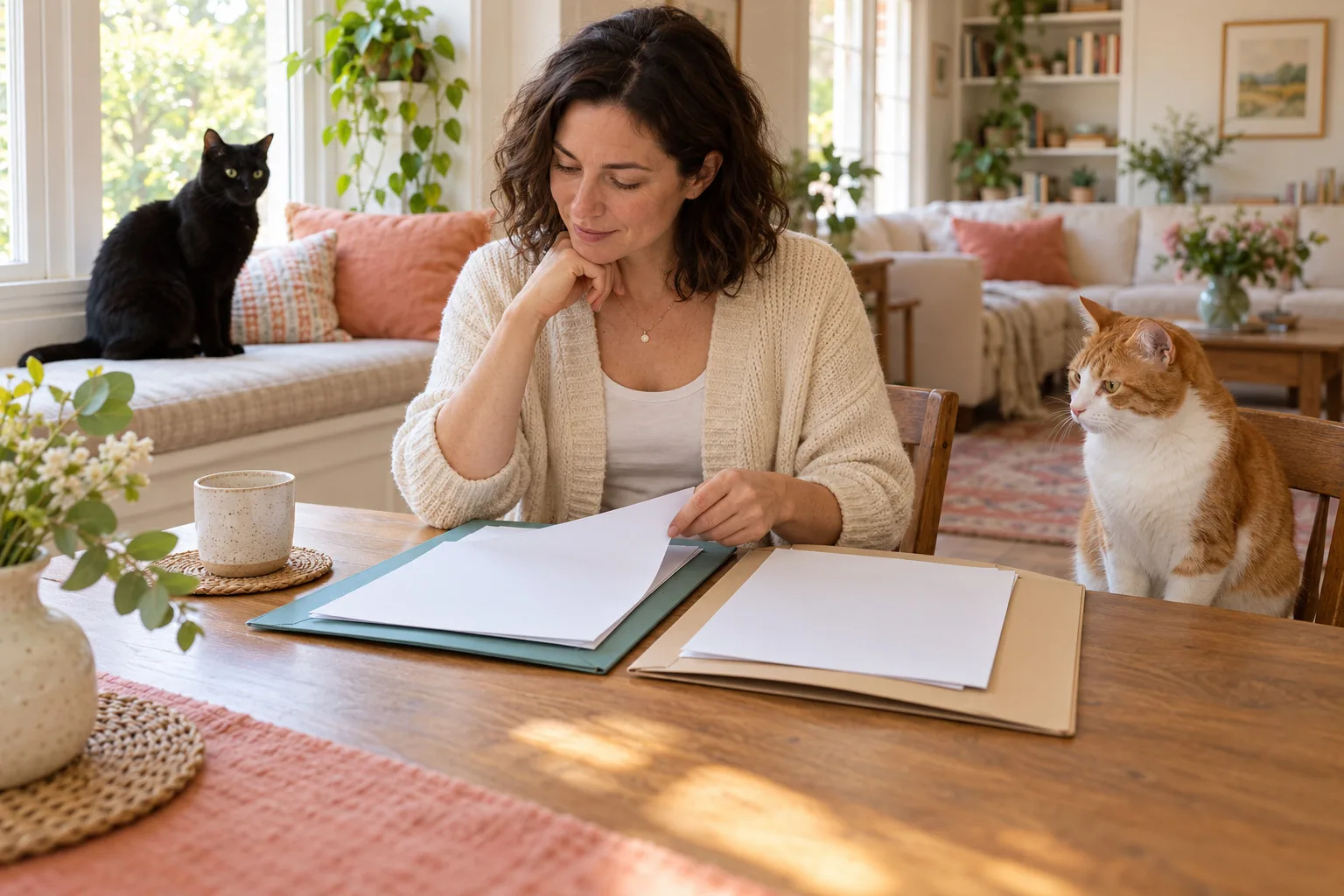 Owner reviewing two folders while a black cat and an orange-and-white cat rest nearby